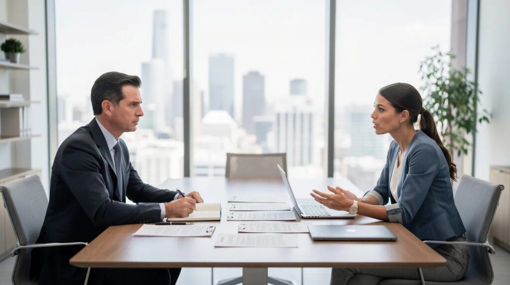 Professional meeting between a lawyer and a client with various legal documents spread out on the table. The scene conveys an atmosphere of seeking legal advice regarding an ILR application to avoid common ILR refusal reasons.
