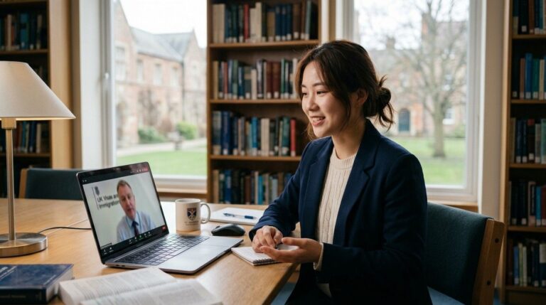 International student participating in a credibility interview student visa UK through a laptop video call from a quiet study room.