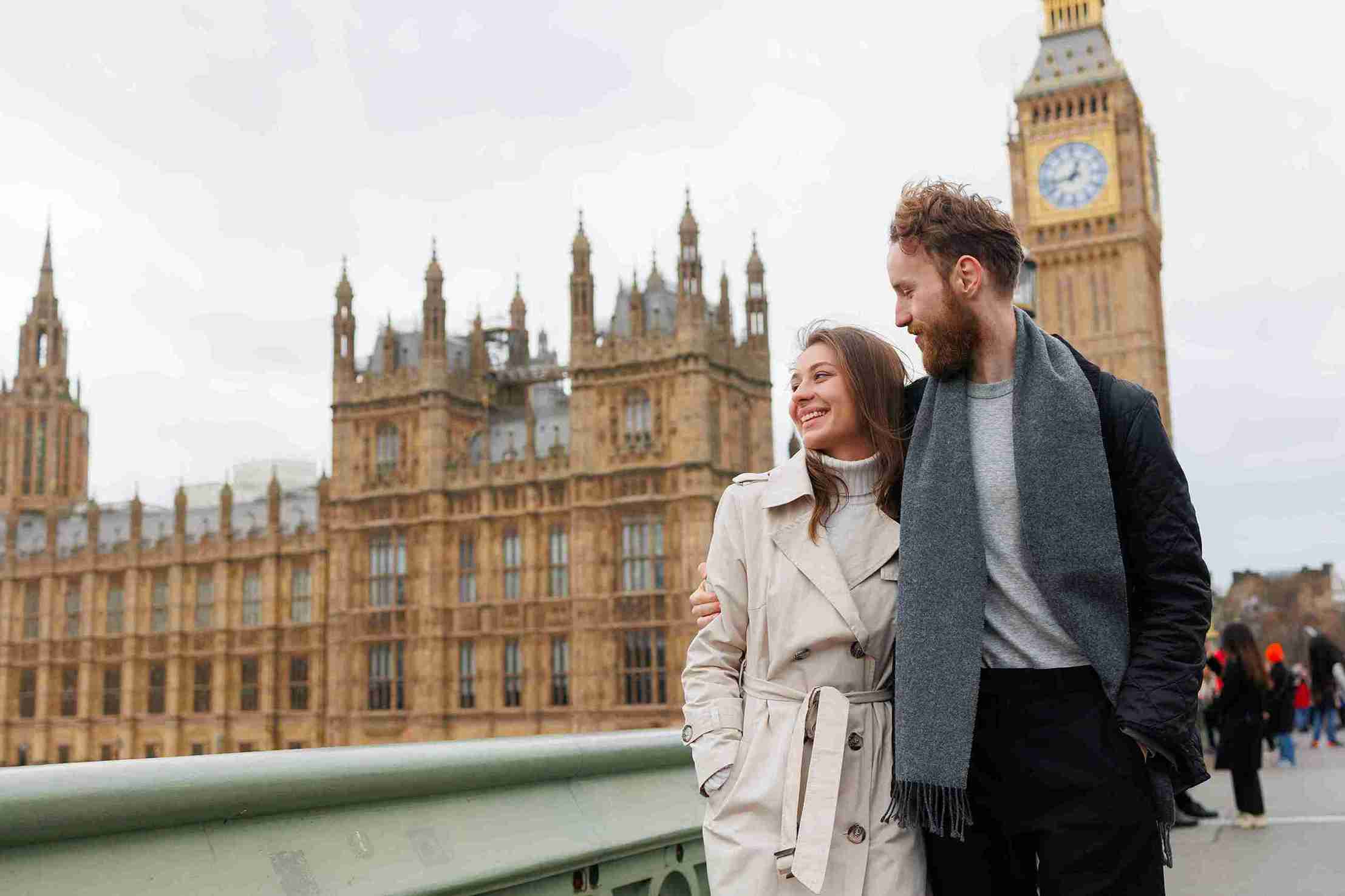 Loving couple walking on the streets of london.