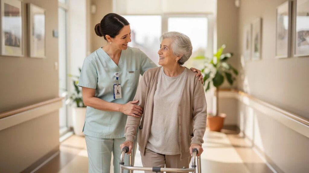 A care professional is assisting an elderly person in a well-lit care home, highlighting the essential role of care workers in light of new immigration rules UK.