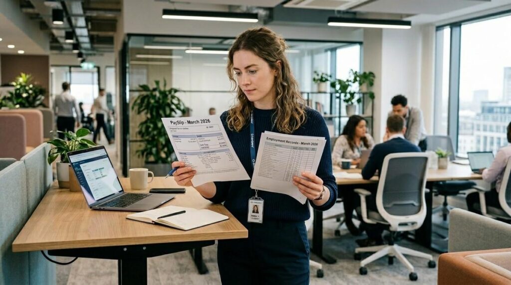 Worker checking payslip and employment records while reviewing salary and working hours at an office as per UK employment law.