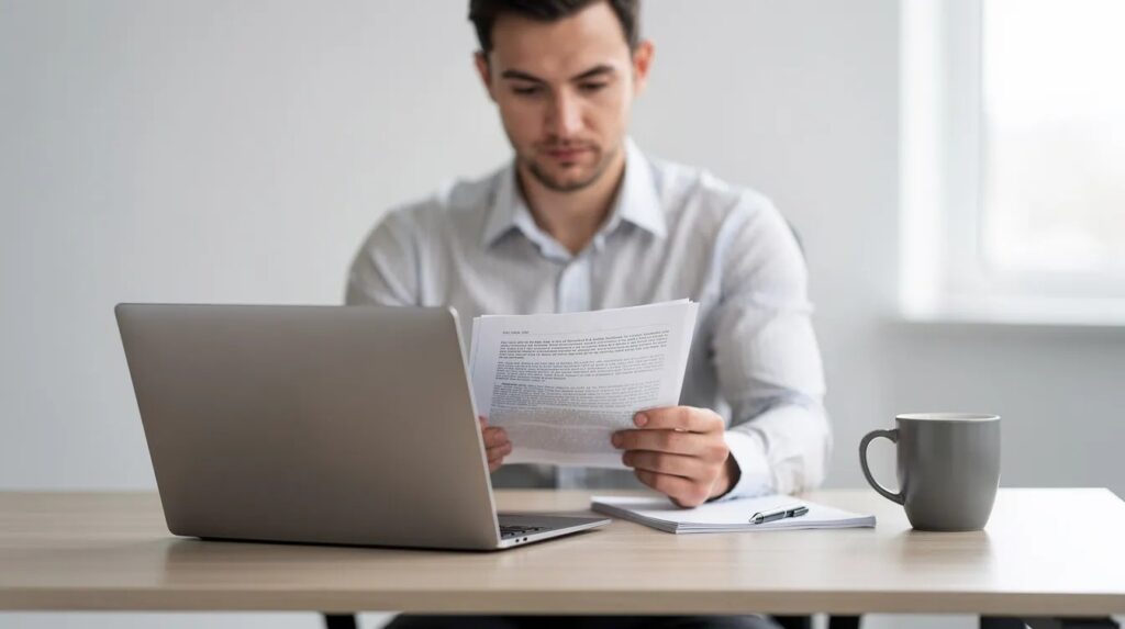 A person is sitting at a desk, focused on a laptop while holding important documents and rules list for their private life visa UK application.