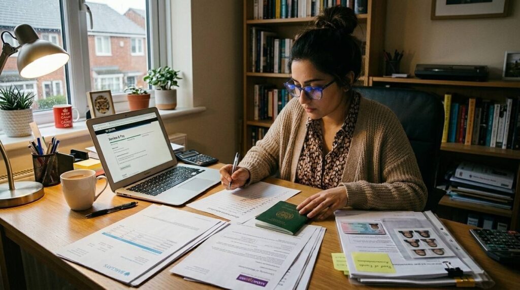 Applicant reviewing UK visa documents at a desk with passport, laptop and supporting documents before submitting a UK visa application.