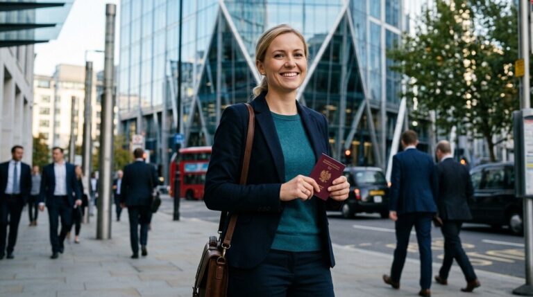 EU citizen standing outside a modern UK city office building holding a passport and looking confident about their settled status and a future in the United Kingdom.