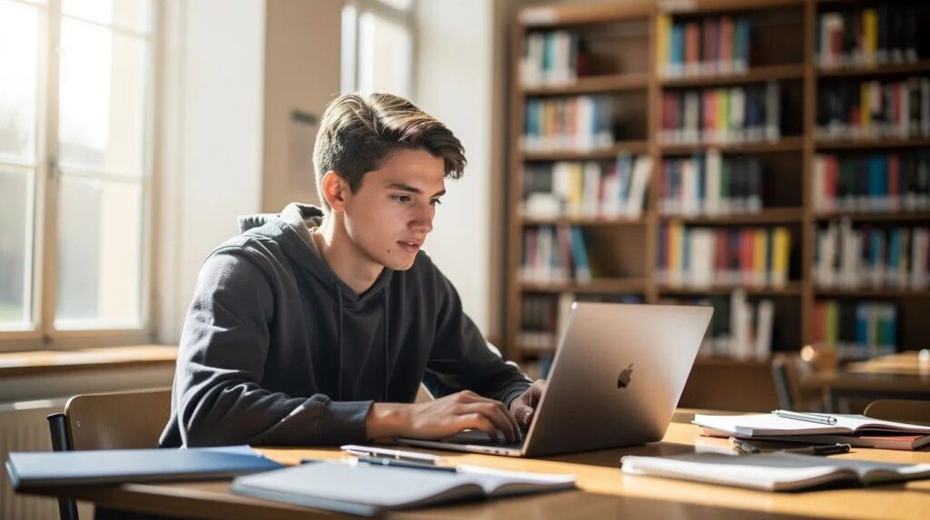 A focused student is working on a laptop in a bright university library and working on student visa UK as a remote worker of an overseas employer.