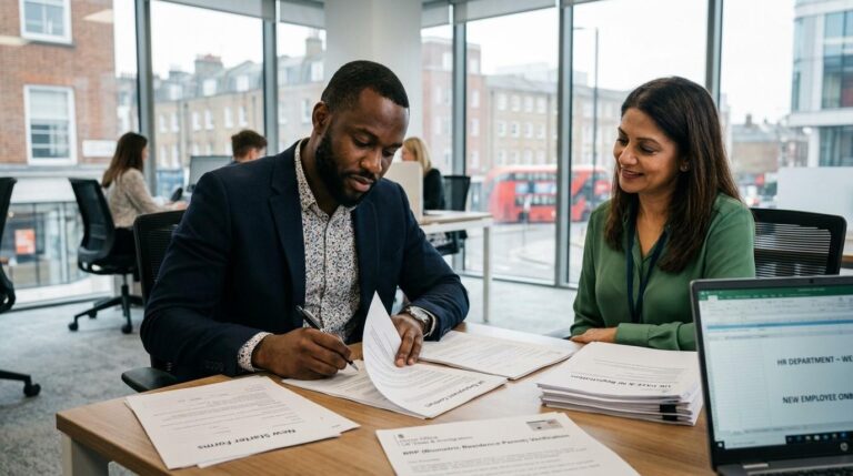 International professional reviewing employment documents in front of HR and assessing the compliance to UK employment law before starting work in the company.