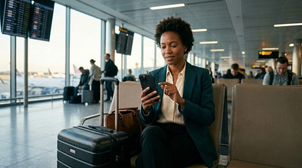 Business traveller checking travel plans and visa confirmation email on a mobile phone after receiving a UK visa decision through super priority service.