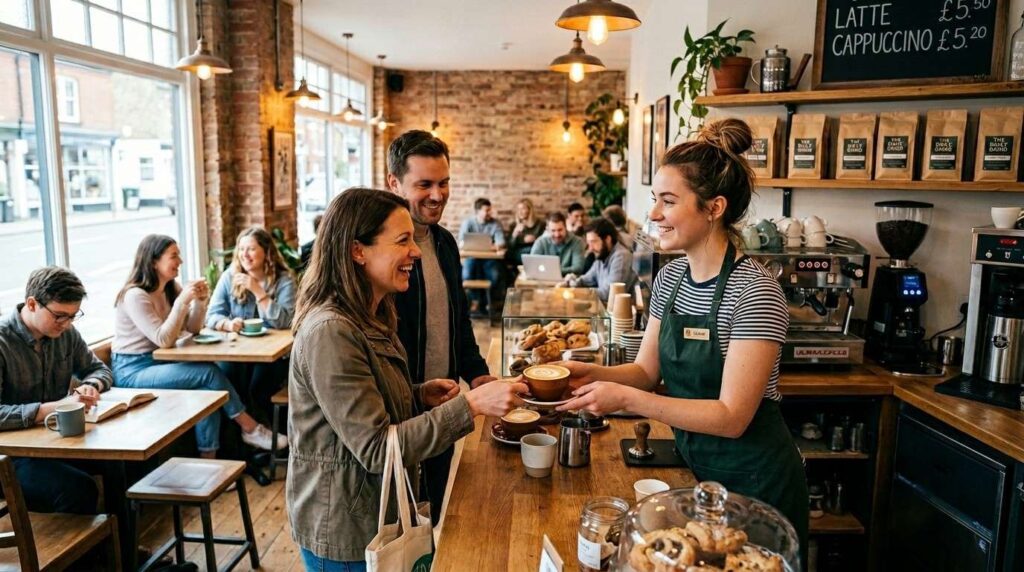 A young barista serves customers in a bustling coffee shop filled with people enjoying their drinks showing the student working on a student visa UK.