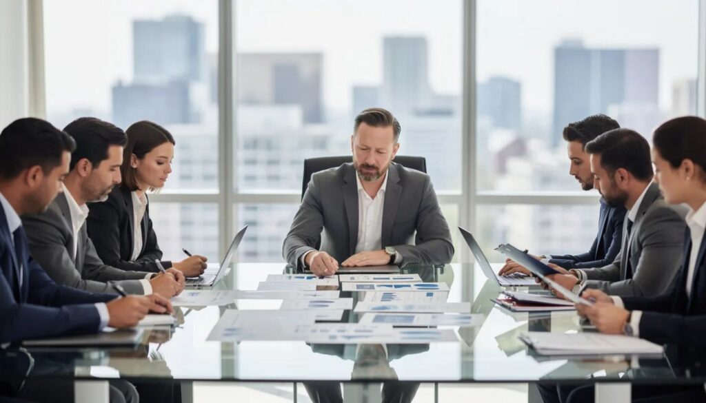 A group of business professionals is gathered around a conference table, actively reviewing documents related to UK business immigration matters.