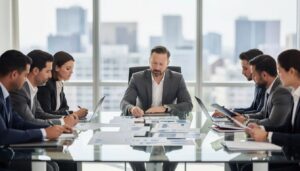 A group of business professionals is gathered around a conference table, actively reviewing documents related to UK business immigration matters.