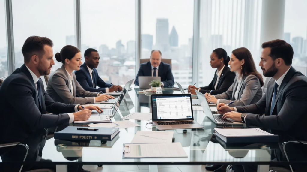 A group of HR managers are engaged in a professional meeting with documents and laptops, discussing business immigration law and the latest UK immigration rules.