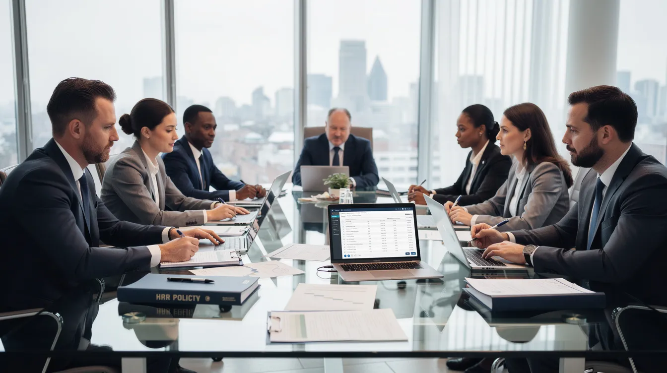 A group of HR managers are engaged in a professional meeting with documents and laptops, discussing business immigration law and the latest UK immigration rules.