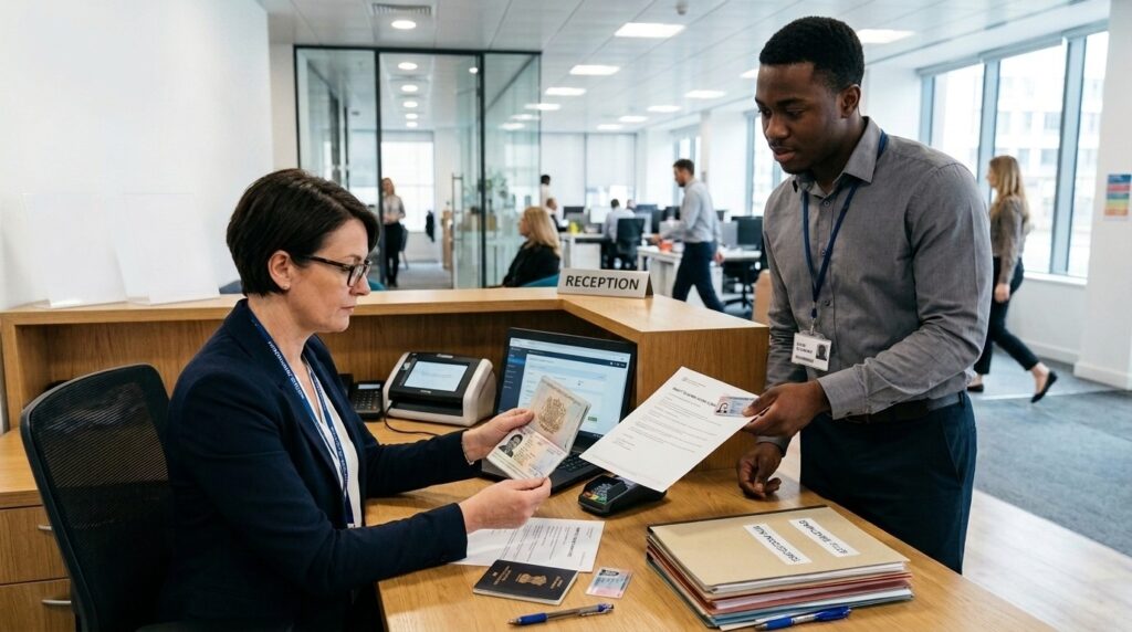  professional checking an employee's passport and right to work documents at a reception desk in a UK workplace, demonstrating employer immigration compliance procedures. 