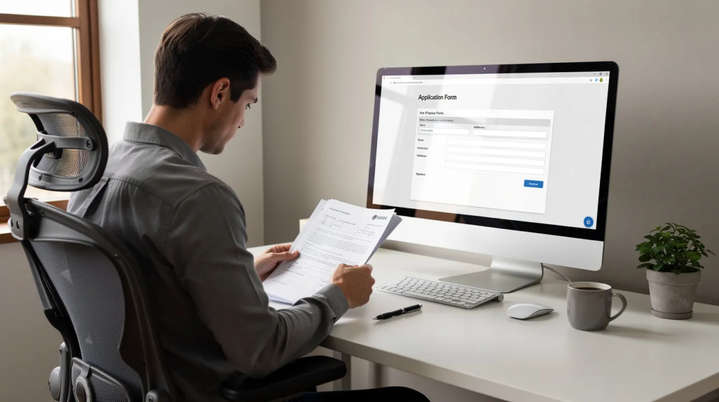 Person seated at a desk, intently reviewing paperwork while a computer monitor displays a form related to the sponsor licence application process. 