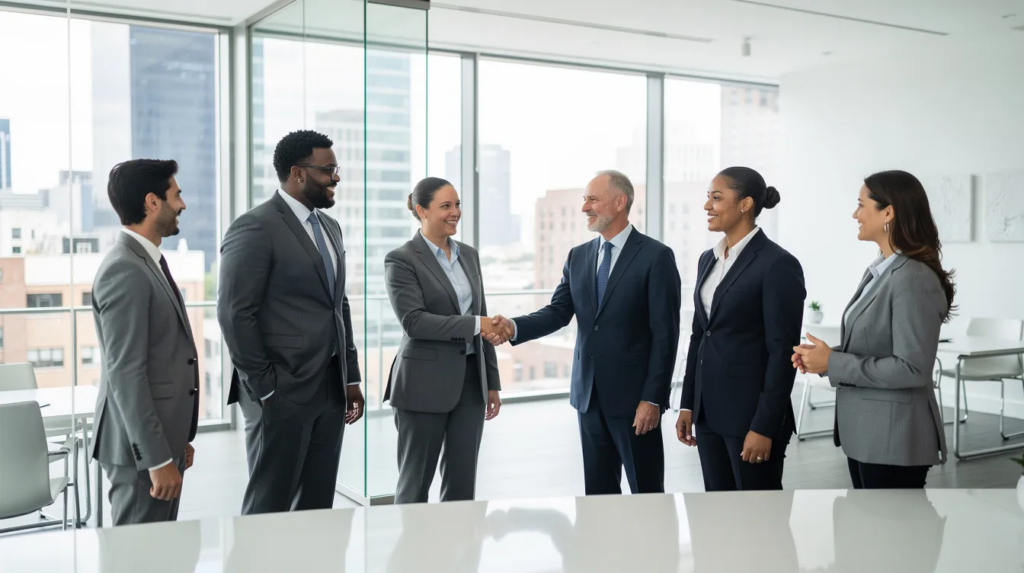 A diverse group of professionals is shaking hands after a discussion, highlighting the role of solicitors in providing immigration advice to UK employers and overseas workers.