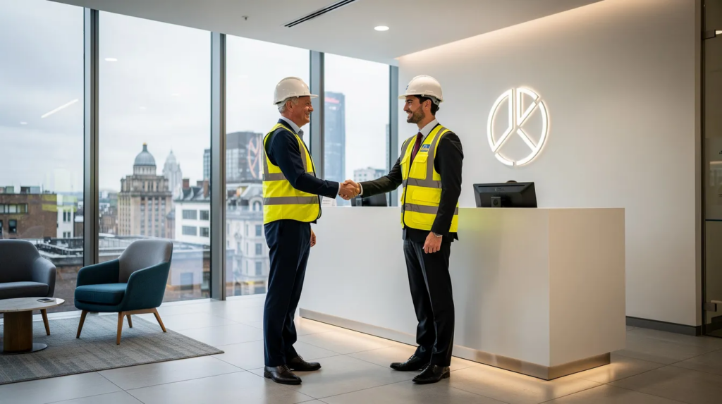 A professional in a hard hat and high-visibility vest is shaking hands with a colleague in a modern UK office reception area, highlighting the importance of legal advice for UK employers navigating immigration rules and compliance for overseas workers.