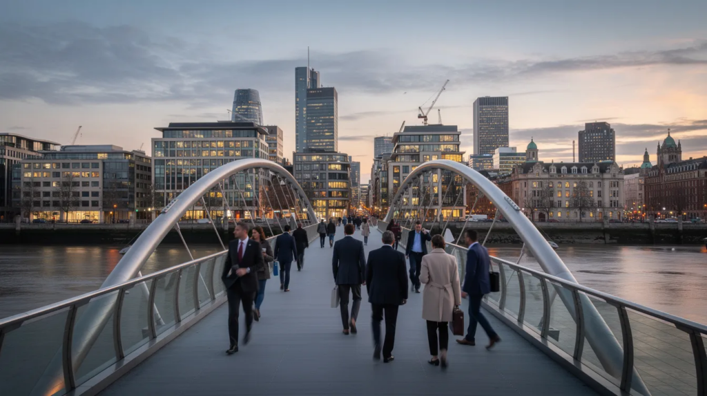 Panoramic view of a UK city skyline, with professionals walking across a bridge, reflecting the role of business immigration solicitors in supporting businesses and individuals.