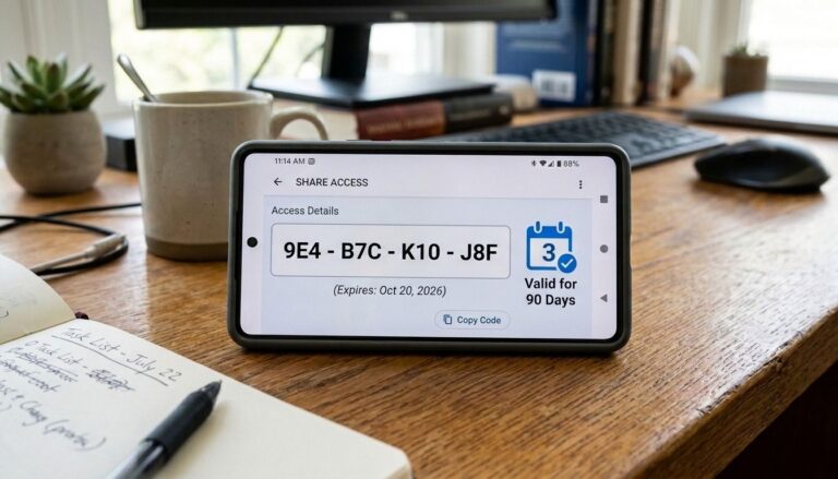 A smartphone screen shows a fictional immigration status share code alongside a calendar icon, indicating that it is valid for ninety days.