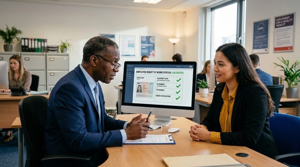 A human resources manager reviewing an employee's digital Right to Work status on a computer in an office.