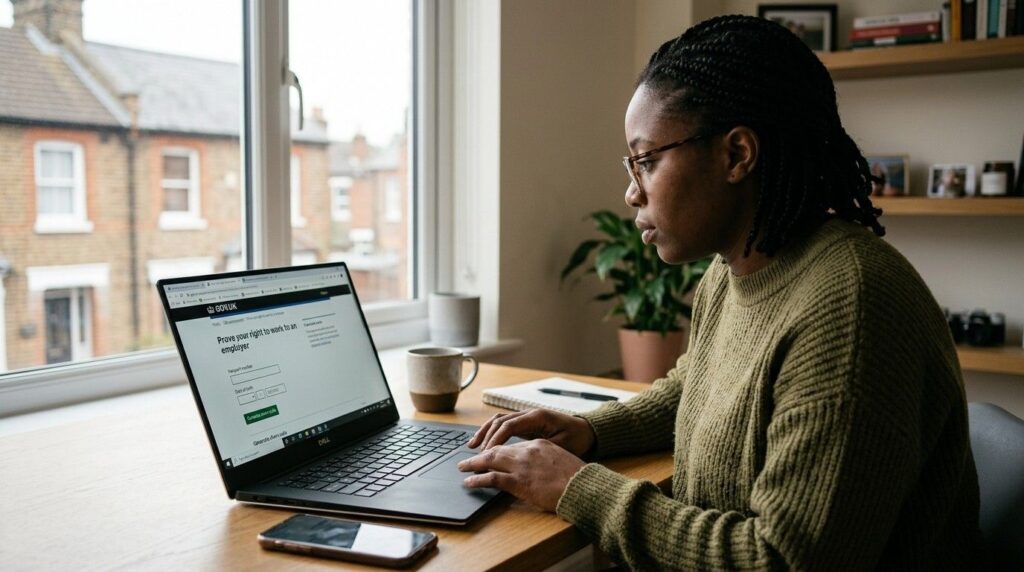 A person using a laptop to access their UKVI account and generate a Right to Work share code for a new employer. 