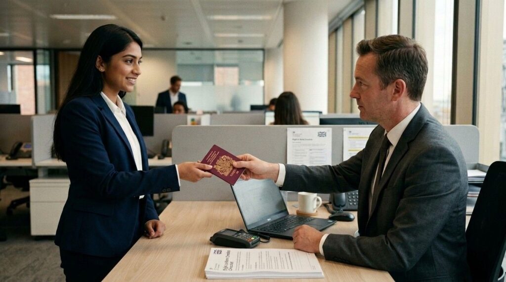 A job applicant handing a passport to a UK employer during a Right to Work check before starting employment.