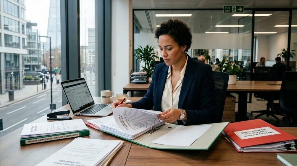 Business manager reviewing employee documents and sponsor licence records at a desk in a UK office to maintain the sponsor licence compliance.