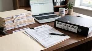 Close-up of employment contracts, personnel files, and a folder labelled 'Sponsor Licence' organised neatly on an office desk.