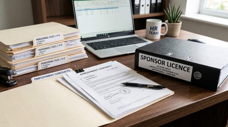 Close-up of employment contracts, personnel files, and a folder labelled 'Sponsor Licence' organised neatly on an office desk.