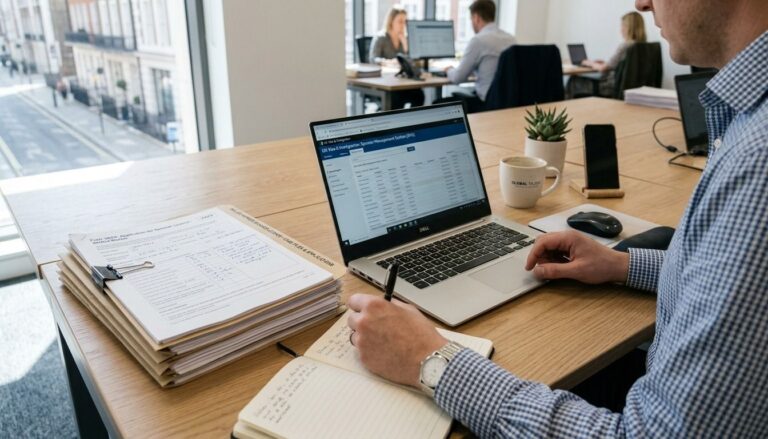 Modern office desk featuring a stack of business documents alongside a laptop, illustrating a workspace where skilled worker sponsor licence applications and sponsorship management tasks may be conducted.