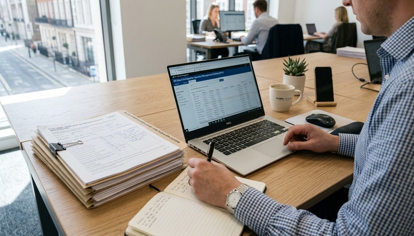 Modern office desk featuring a stack of business documents alongside a laptop, illustrating a workspace where skilled worker sponsor licence applications and sponsorship management tasks may be conducted.