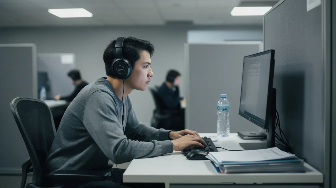 A focused individual is seated at a computer desk in a quiet test centre, preparing to demonstrate the updated English language requirement for ILR.