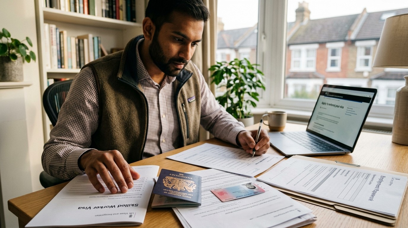 Skilled Worker Visa holder reviewing a UK passport, visa documents and employment paperwork while preparing for a skilled worker visa extension.