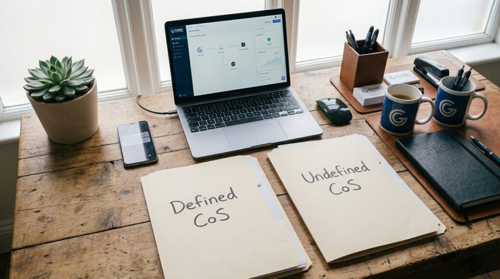 Two folders labelled Defined CoS and Undefined CoS folders representing two UK Certificate of Sponsorship options alongside a laptop and themed stationery.