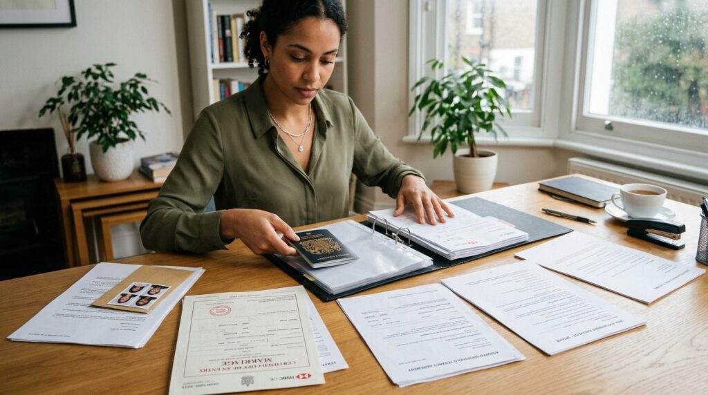 A spouse visa applicant organising supporting documents including a passport, marriage certificate, bank statements and tenancy agreement neatly in a folder before attending the interview. 