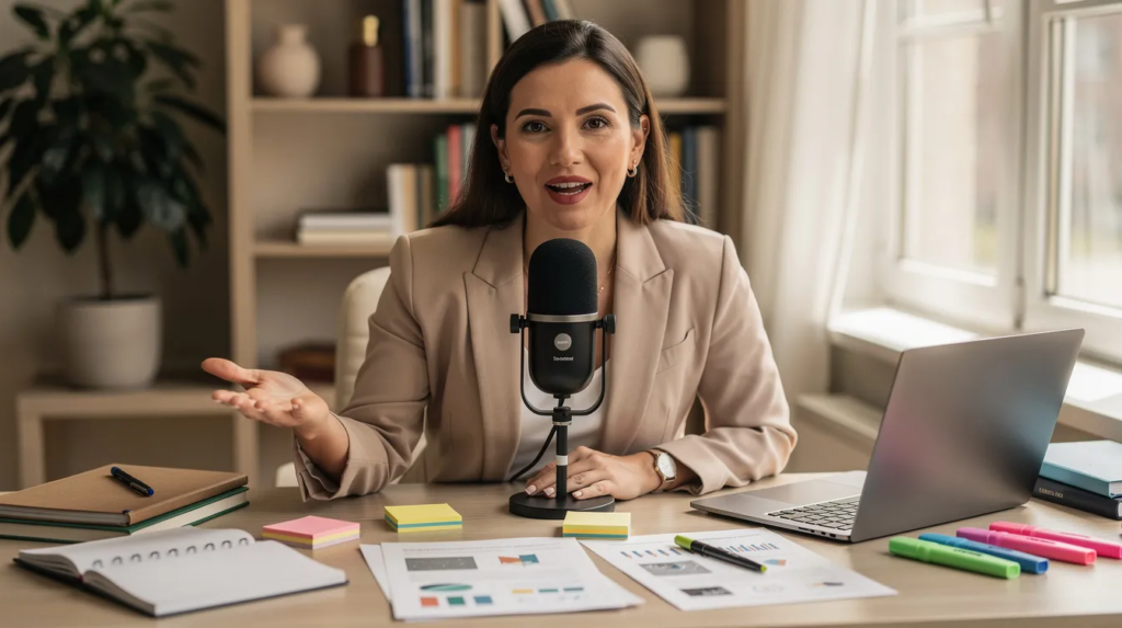 A professional woman is speaking into a microphone at her desk, explaining the importance of demonstrating English language ability for UK settlement applications. 
