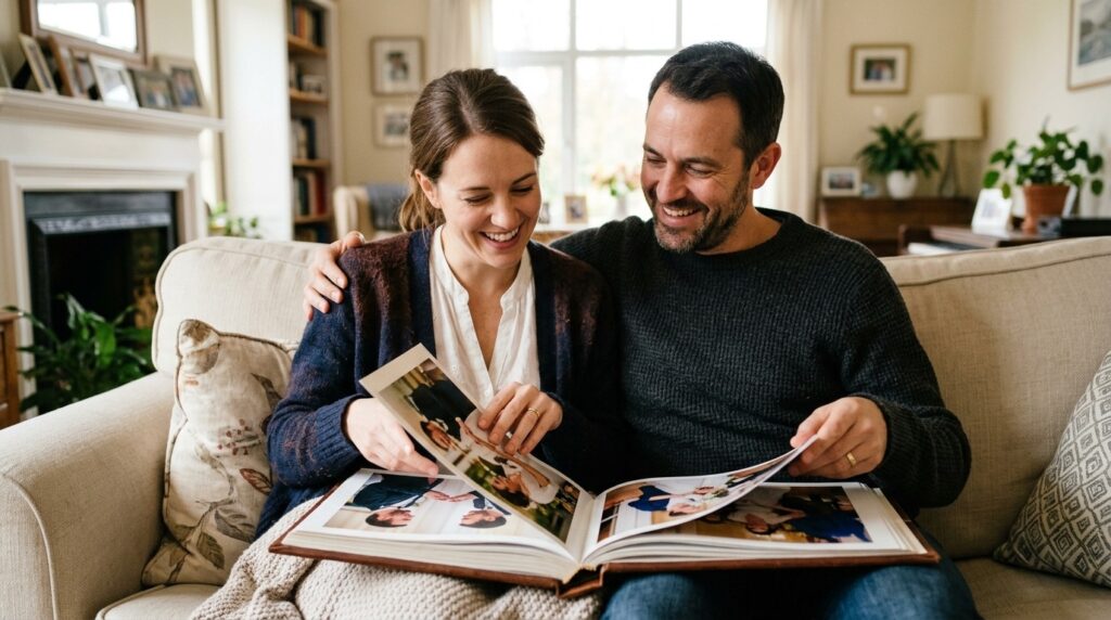 A married couple looking through their wedding photo album together, smiling as they recall their relationship history and wedding day