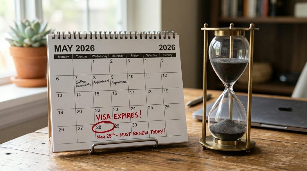 Hourglass beside a calendar representing the importance of applying for a UK visa extension before the deadline.