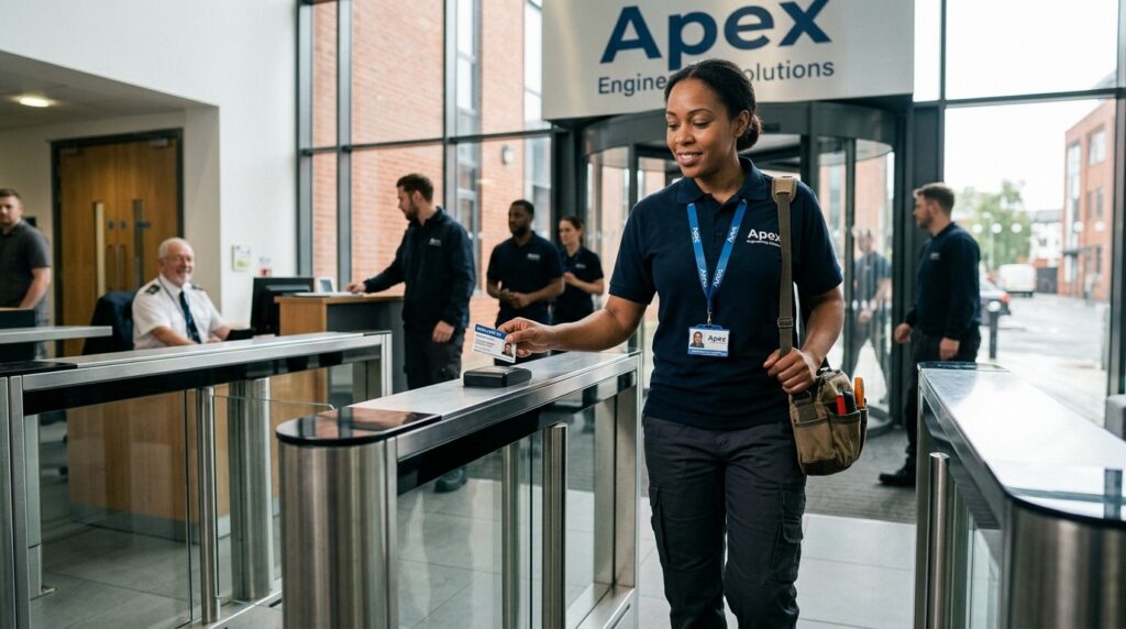 Skilled Worker entering a UK workplace with an employee ID card, representing continued employment with the same employer.