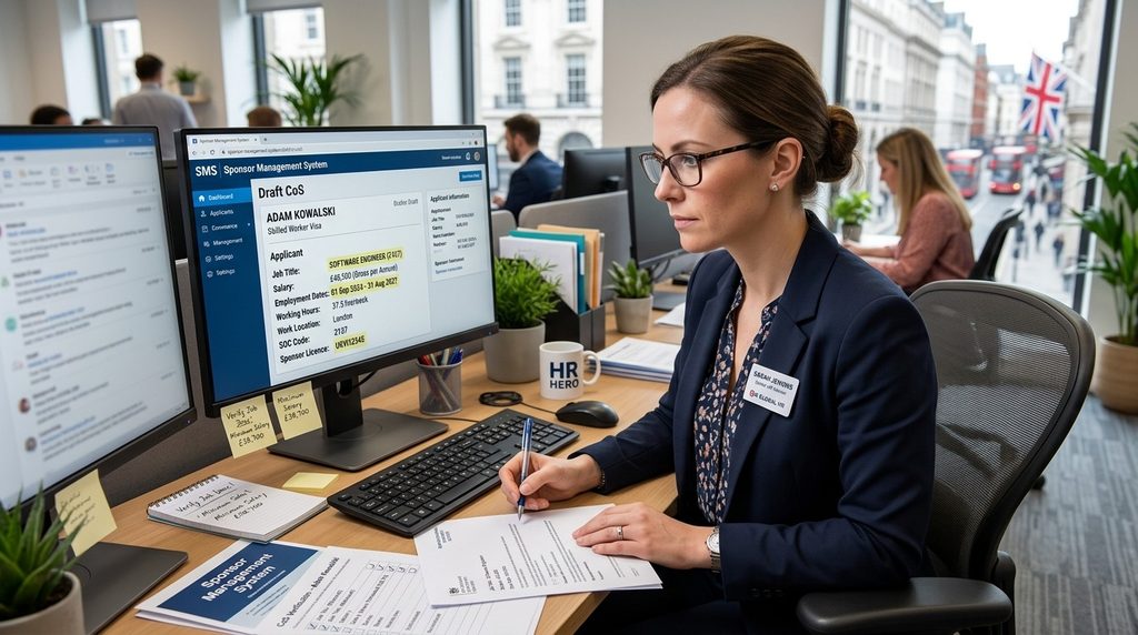 A UK HR professional carefully checking a sponsored worker's job title, salary and employment details on a computer to avoid errors in a Certificate of Sponsorship.  