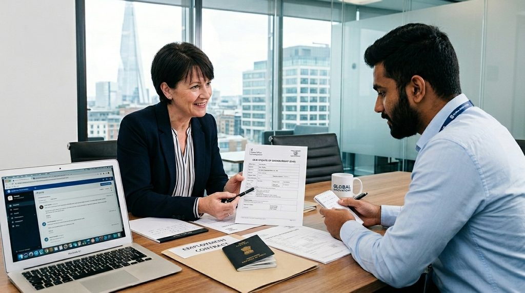 A UK employer reviewing a Certificate of Sponsorship with an international employee during a professional meeting, with a laptop and UK documents on the desk. 