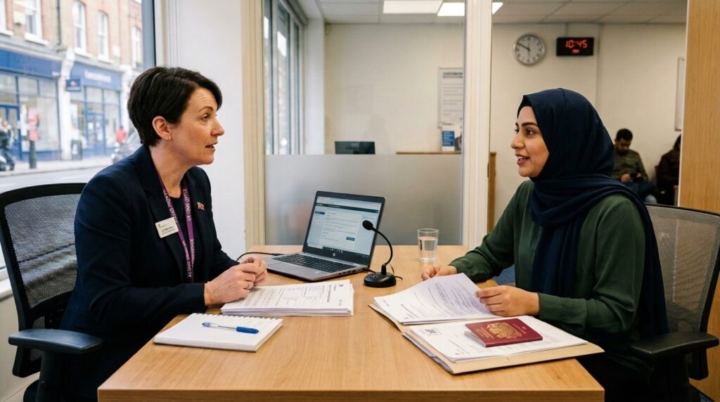 An immigration officer speaking with a spouse visa applicant across a desk asking UK spouse visa interview questions and answers at a visa application centre.