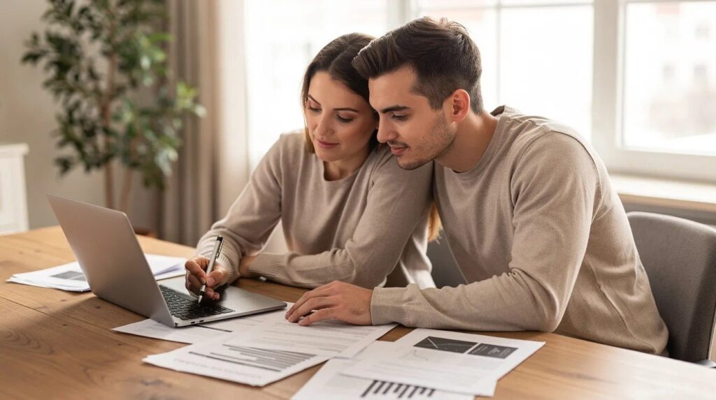 A couple sits together at a table, focused on a laptop displaying various documents, related to their UK spouse visa application.