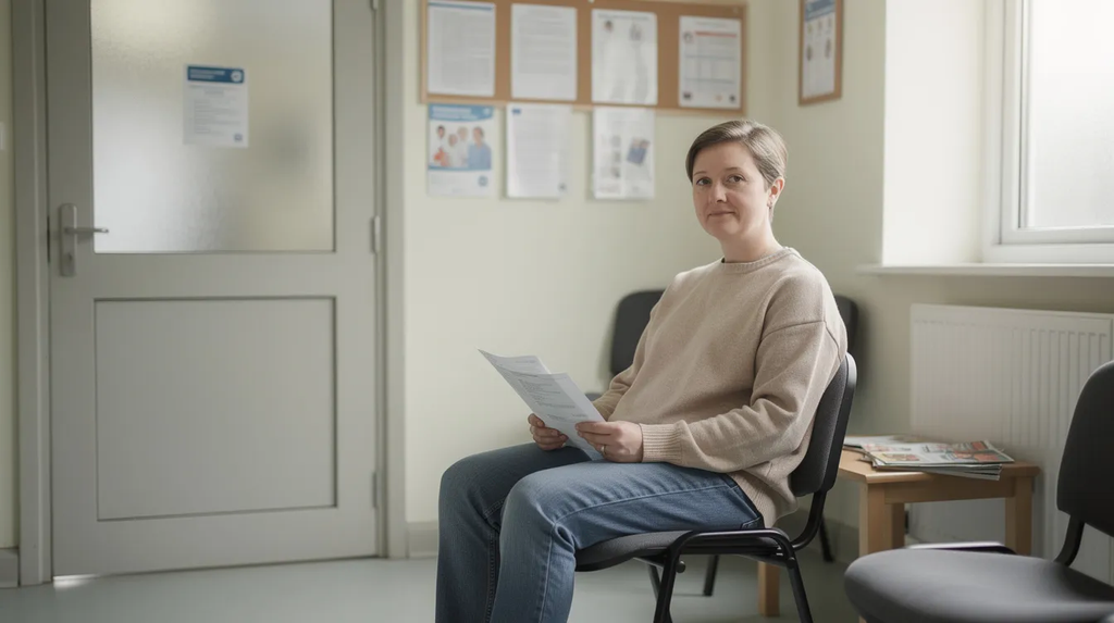 An individual is seated in a waiting area of a local GP, holding important paperwork related to their UK address or national health service registration The image is reflecting the everyday life of someone navigating the UK's healthcare system.