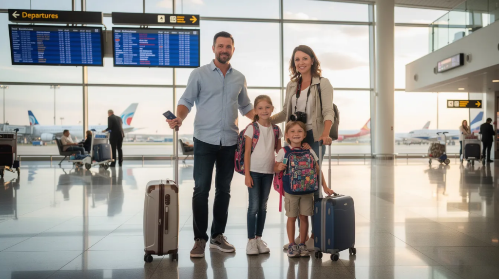 A family is gathered in an airport departure hall, surrounded by their suitcases and backpacks, eagerly preparing for an international flight to start their new life in the UK.