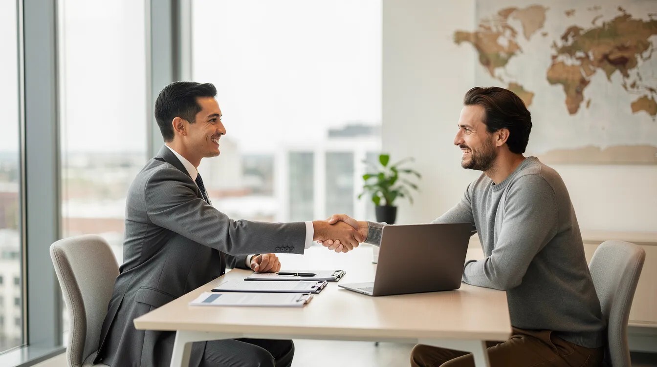 Professional immigration adviser and a client shaking hands, suggesting a successful collaboration on matters related to skilled worker visa applications and immigration status. 