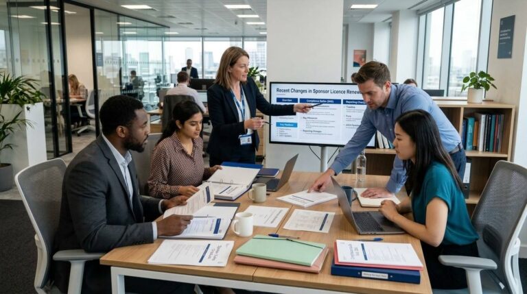 A professional HR team is gathered around a modern office desk, reviewing documents and discussing information displayed on a laptop screen related to the sponsor licence renewal and compliance duties for sponsoring overseas workers.