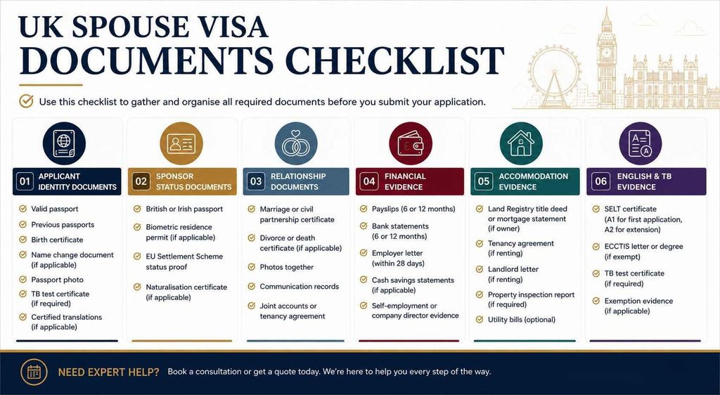 UK spouse visa documents checklist showing identity, sponsor, relationship, financial, accommodation, English and TB documents 