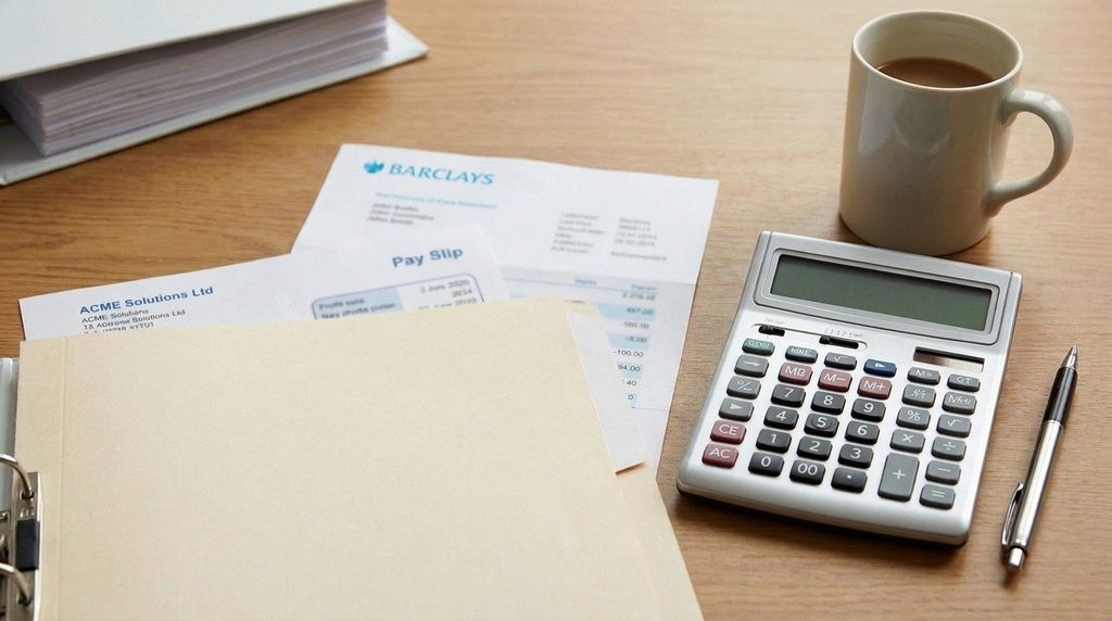 The image shows a UK pay slip and a bank statement placed side by side on a desk, with a calculator nearby, representing essential financial documents that may be required for a UK spouse visa application.