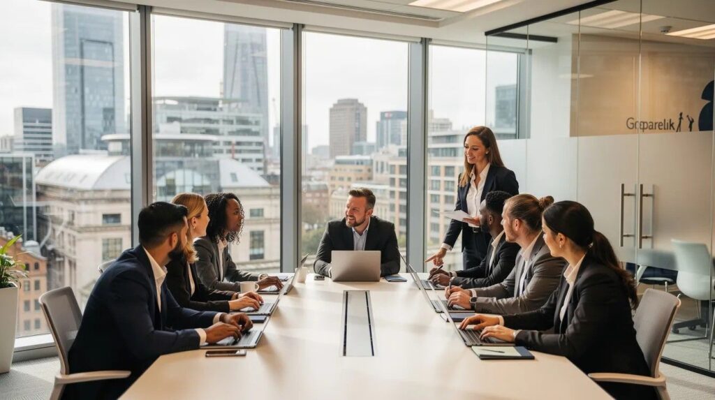 Diverse group of professionals collaborating in a UK office, highlighting the inclusive nature of skilled worker roles and teamwork among individuals from various backgrounds.