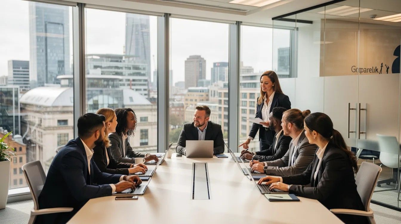 Diverse group of professionals collaborating in a UK office, highlighting the inclusive nature of skilled worker roles and teamwork among individuals from various backgrounds.